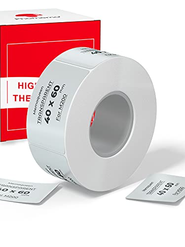 Memoqueen Phomemo Thermal Sticker Labels, Transparent 1 ½'' x 2 ¼'' (40mm x 60mm) Square Labels, Suitable for M200 Bluetooth Label Maker Machine. Address, Barcodes, Photo (1 Roll,130 Labels/Roll