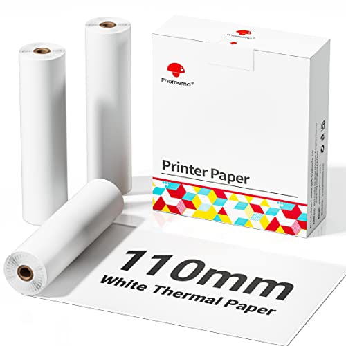 Phomemo 4.3'' White Non-Adhesive Thermal Paper, Sticker Paper for Phomemo M04S/M04S Bluetooth Thermal Printer, Black on White, 110mm x 3.5m, 3-Rolls