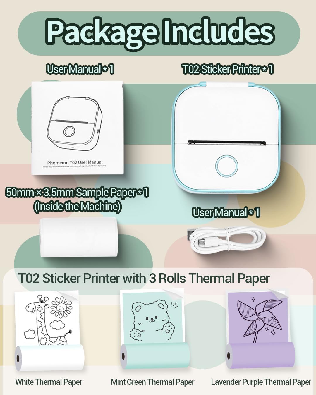 Memoqueen Mini Pocket Sticker Printer T02 Mini Sticker Printer, Mini Portable Bluetooth Thermal Printer with 3 Rolls Paper for Journal, Memo, Photo, DIY Scrapbook, Travel, Children Women Gifts, Green
