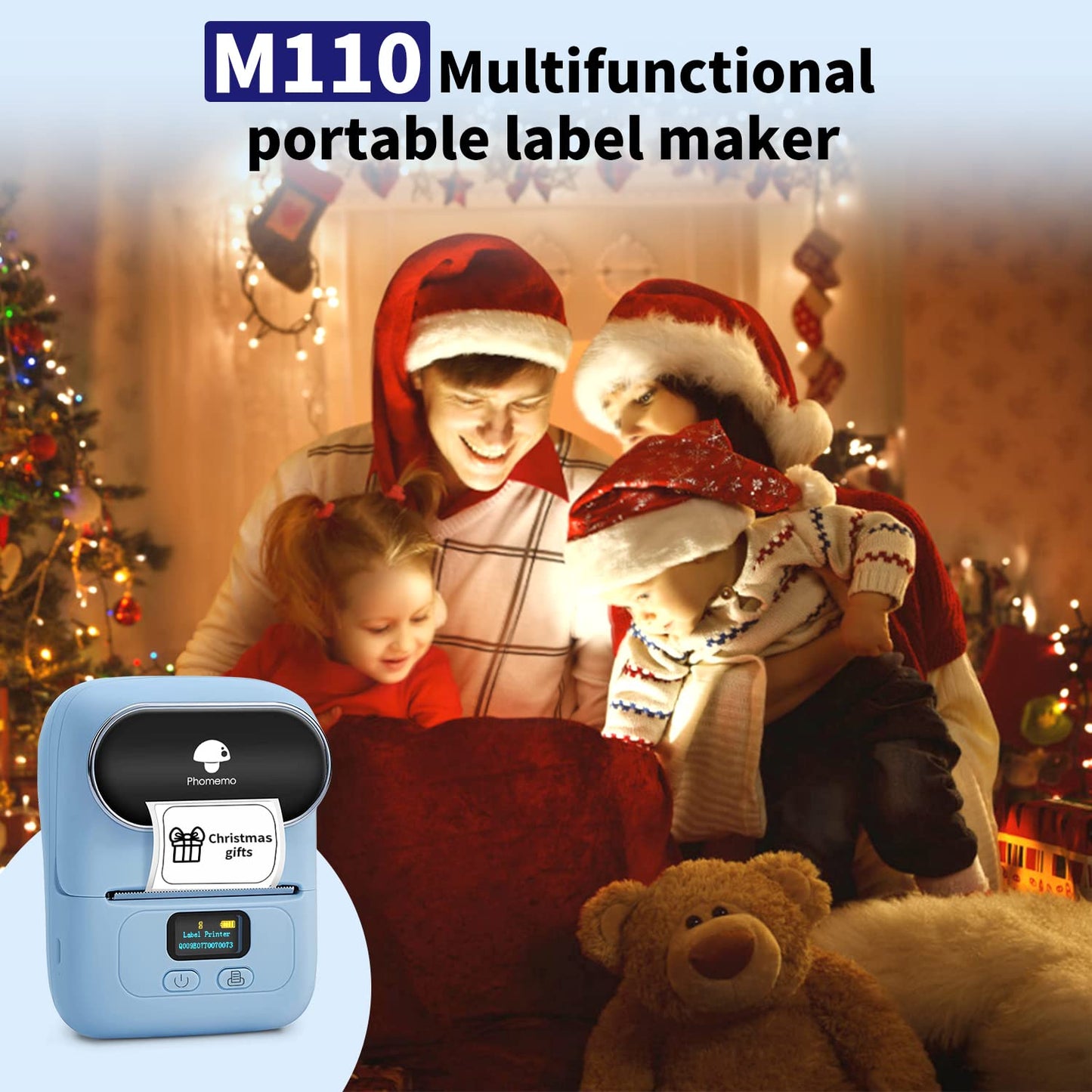 Phomemo M110 BU Label Maker Portable Bluetooth Thermal Label Maker Printer Inkless Printing for Labels, Stickers, Images, QR Codes, Compatible with Android & iOS System, with 1pack 40×30mm Label