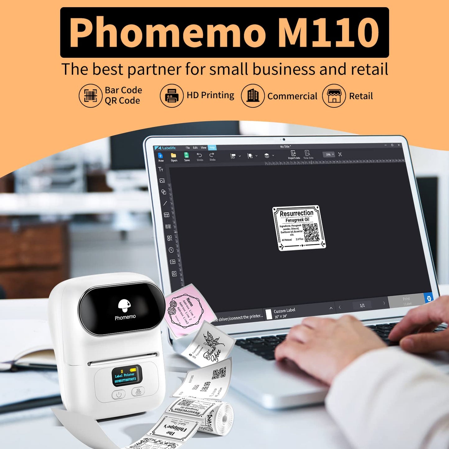 Phomemo M110 Label Makers - Portable Bluetooth Thermal Label Maker Machine,Label Printer for Barcode, Clothing, Jewelry, Retail, Mailing, for Android & iOS, with 1Pack 40×30mm Label, White