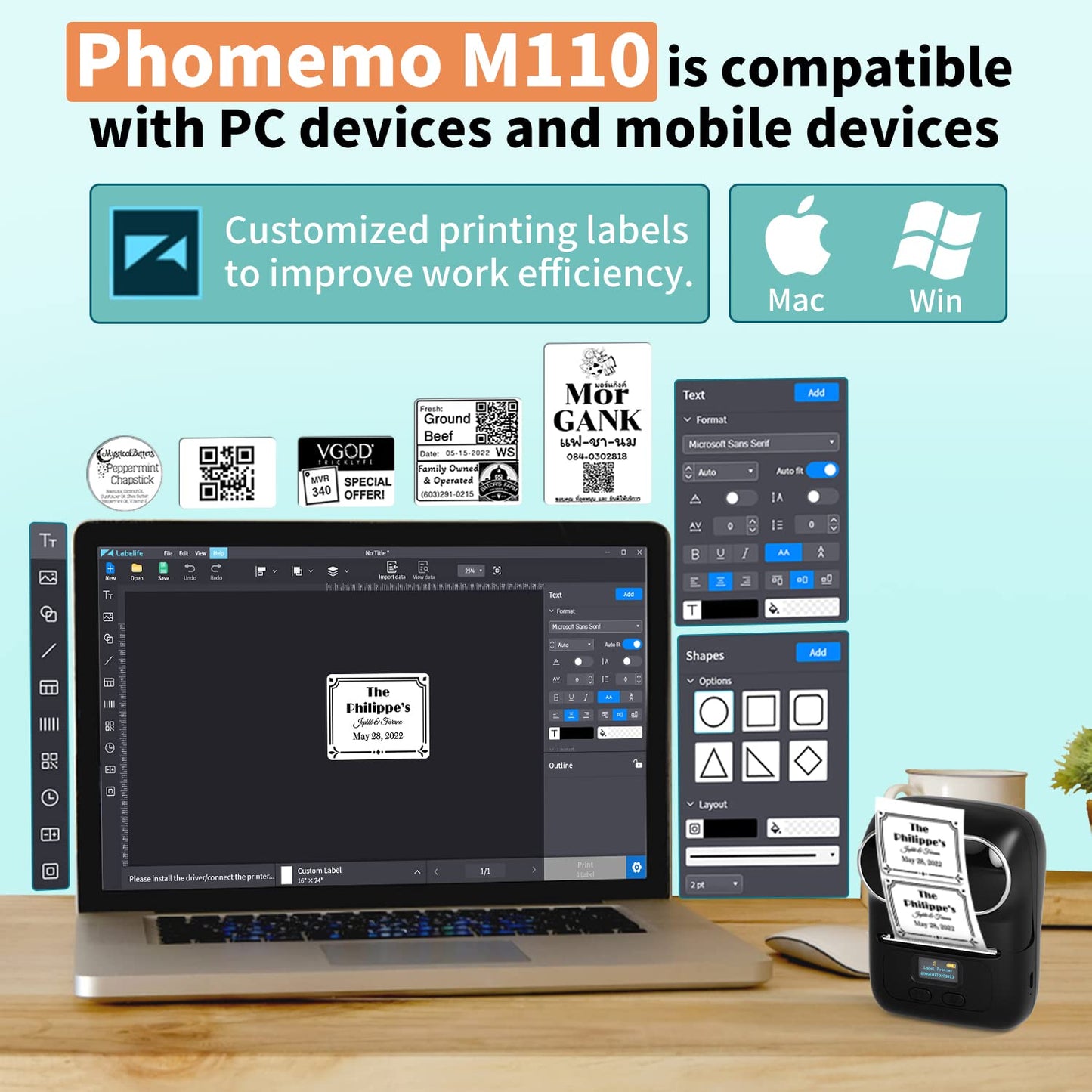 Phomemo M110 Thermal Label Maker Machine with Tape - Portable Bluetooth Barcode Label Printer for Small Business, Office, Home, Address,Mini Thermal Priner Compatible with Androi&iOS,Gray