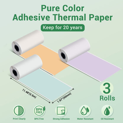 Phomemo Pure Color Thermal Sticker Paper for M02/T02/M02 Pro/M03S/M03AS/M04S/M04AS Mini Sticker Printer, Black Character on Mint Green/Purple/Orange, 50mm x 3.5m, 3 Rolls