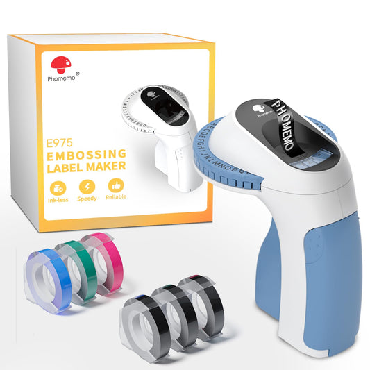 Memoqueen Embossing Label Maker with 6 Labels,Vintage Handheld Label Writer 3D Embosser,Portable Old School Label Makers for Office Home Organization and DIY Crafting Blue