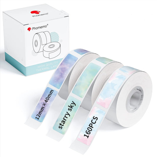 Memoqueen Q30 Q30S Q31 D30 D35 D30S Label, Starry Sky Pattern 12x40mm [ 3/8''x1 1/2''] Label Tape compatibility with Phomemo Q30/D30 Series Label Printer, Suitable for School,Home,160pcs/Roll, 3Rolls