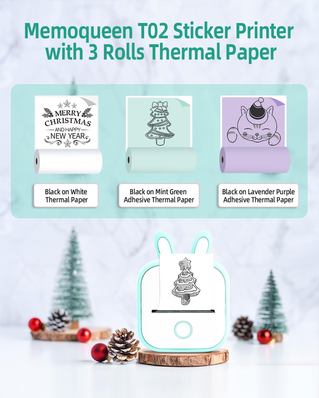 Memoqueen Mini Sticker Printer T02 Pocket Portable Bluetooth Thermal Printer with 3 Rolls Paper for Journal, Memo, Photo, DIY Scrapbook, Travel, Children Gifts, Compatible with iOS & Android, Green