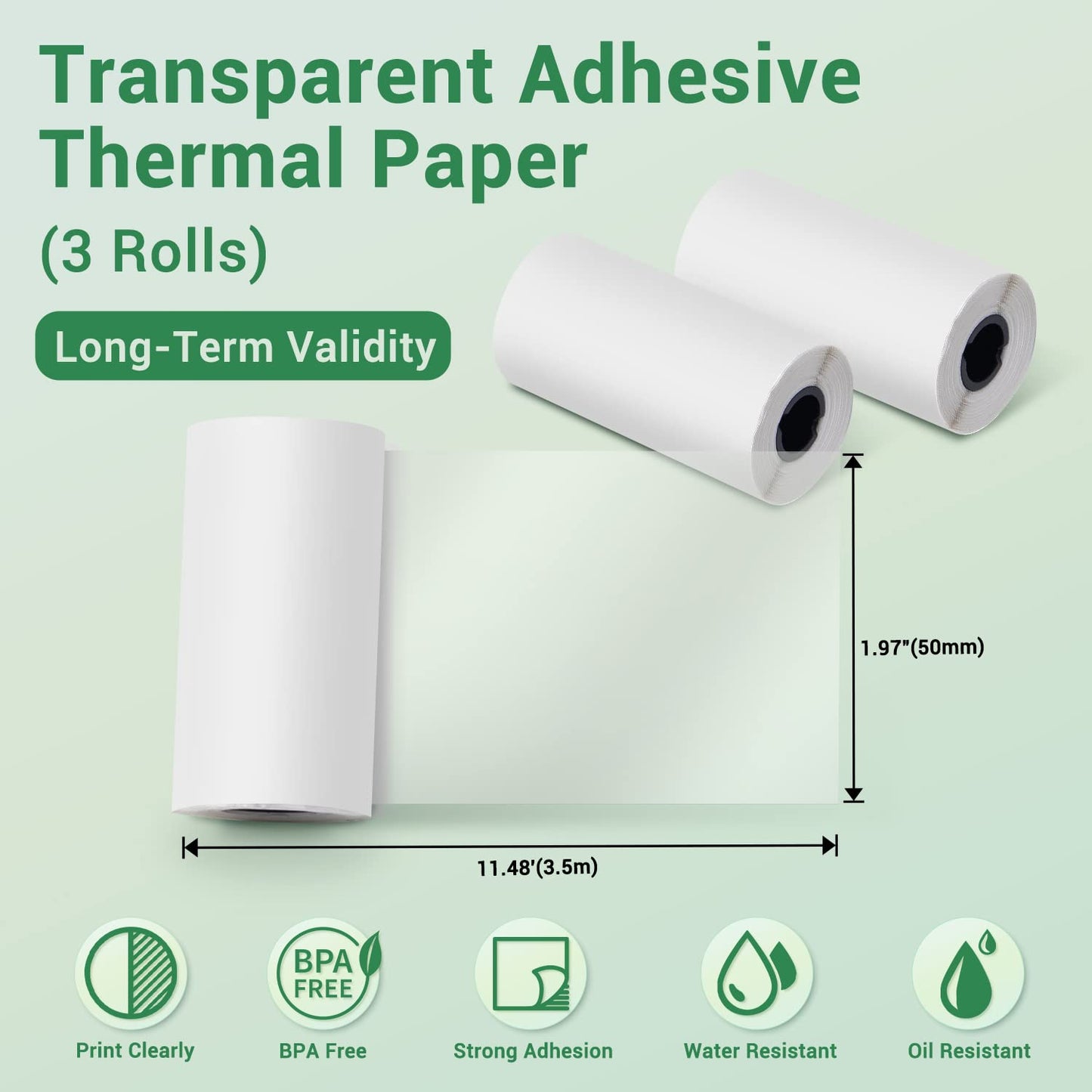 Phomemo Transparent Self-Adhesive Thermal Paper, Clear Sticker Paper for T02/M02/M02 Pro/M02S/M03/M03AS/M04S Mini Printer, Black on Clear, 3 Rolls Paper, 50mm x 3.5m, Diameter 30mm.