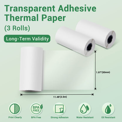 Phomemo Transparent Self-Adhesive Thermal Paper, Clear Sticker Paper for T02/M02/M02 Pro/M02S/M03/M03AS/M04S Mini Printer, Black on Clear, 3 Rolls Paper, 50mm x 3.5m, Diameter 30mm.