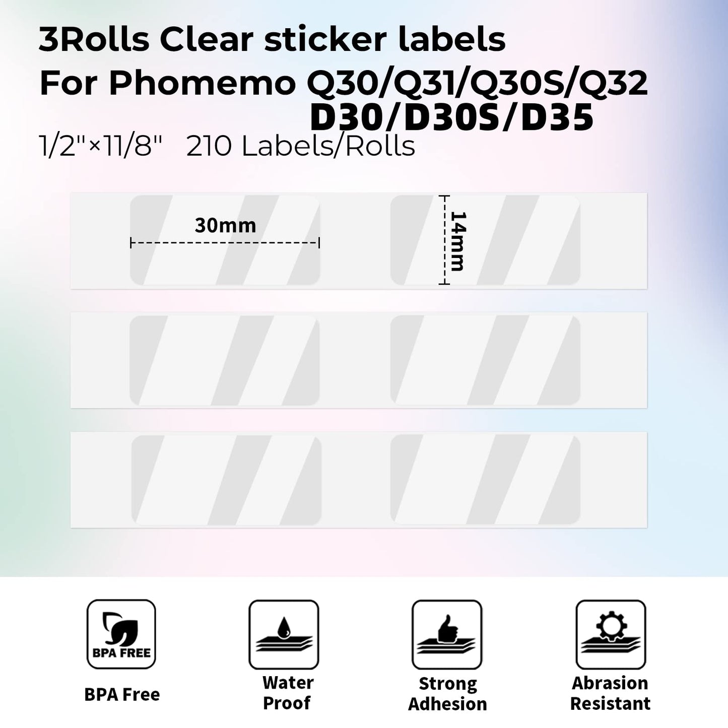 Memoqueen D30 D35 D30S Q30 Q30S Q31 Q32 Label, 14x30mm [1/2''x1 1/8''] Transparent Rectangle Self-Adhesive Label Tape Compatible with Phomemo Q30/D30 Series Label Printer, 210pcs/Roll, 3 Rolls