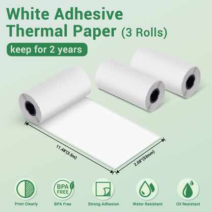 Phomemo White Self-Adhesive Thermal Paper for M02/T02/M02 Pro/M02S/M03/M03AS/M04S/M04AS Mini Sticker Printer, Black on White, 3 Rolls Paper, 50mm x 3.5m.