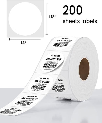 Memoqueen 1.18'' Adhesive Round Labels, Sticker Labels White Circle Labels Compatible with Phomemo M110/M120/M200/M220/M221, Multi-Purpose for Business, Kitchen, Office, Study (200 Labels/1 Roll)