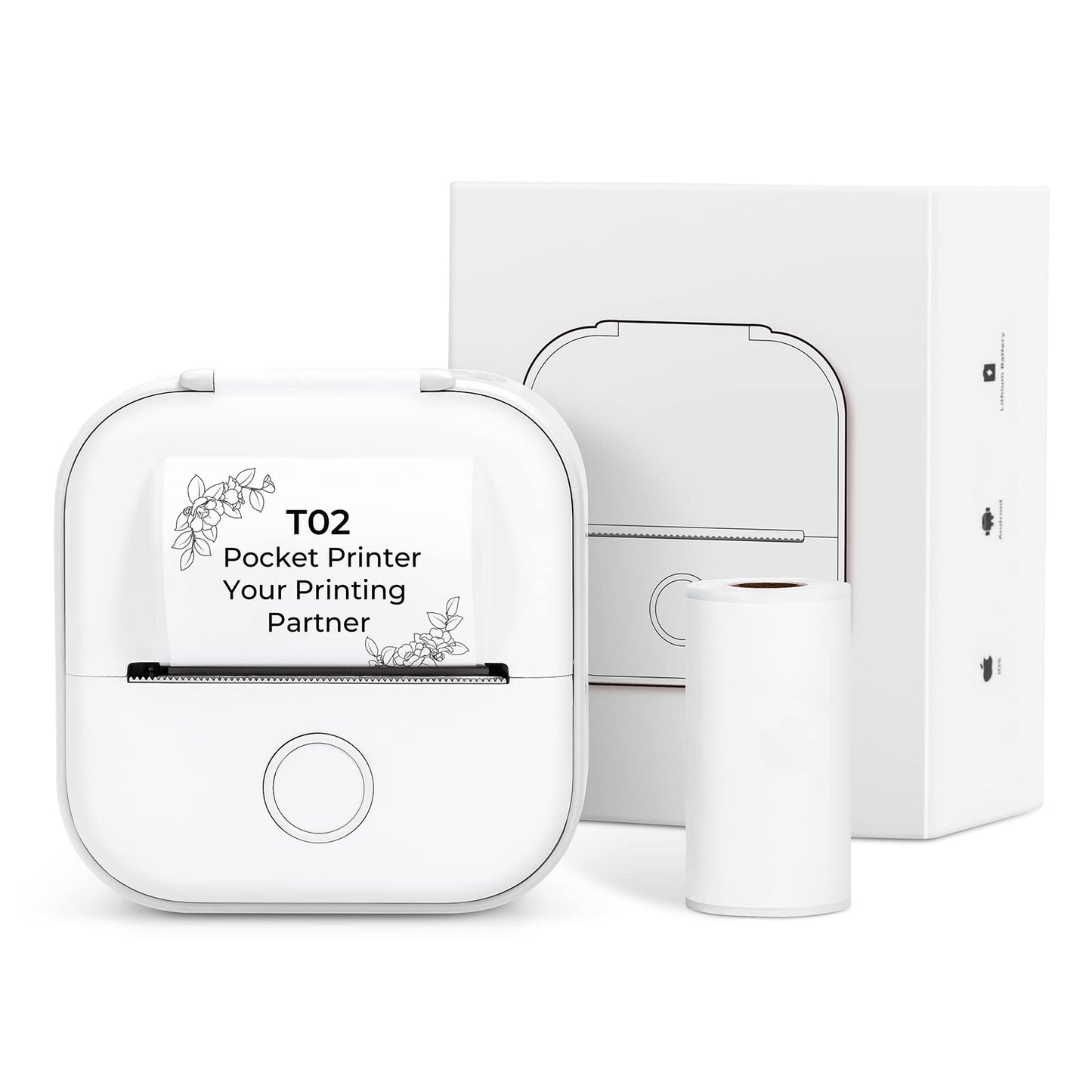 Memoqueen Pocket Printer T02 Sticker Printer-Bluetooth Thermal Photo Printer Mini Printer, Great for DIY Journal,memo, Sticker and Notes,Compatible with iOS & Android, White