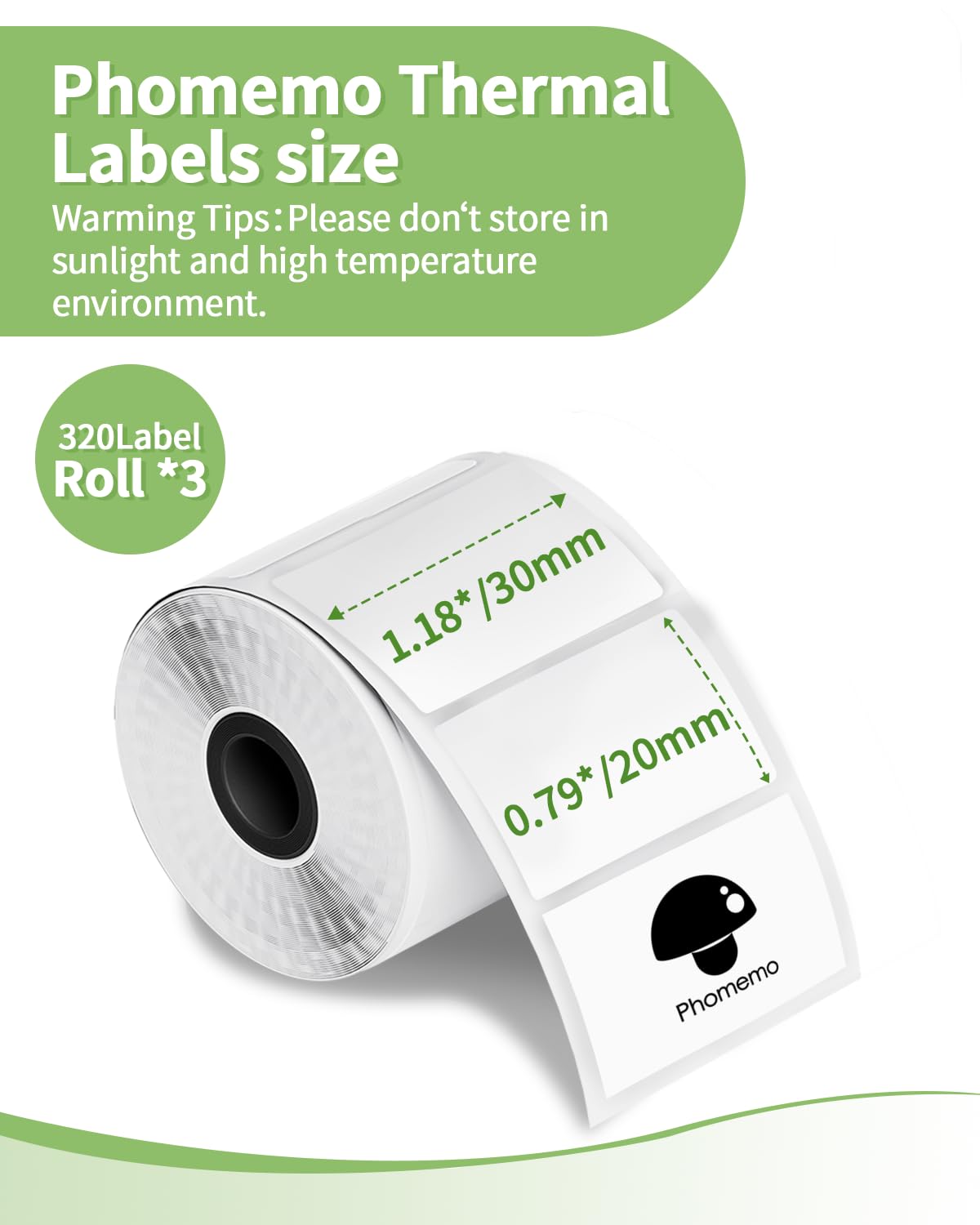 3 Roll Thermal Labels for Phomemo M110/M221/M220/M120/M200/M110S Label pirnters,1.18'' x 0.79'' (30x20mm),Tape Self-Adhesive Thermal Paper for Barcode,QR Code,320 Labels/Roll Black on White