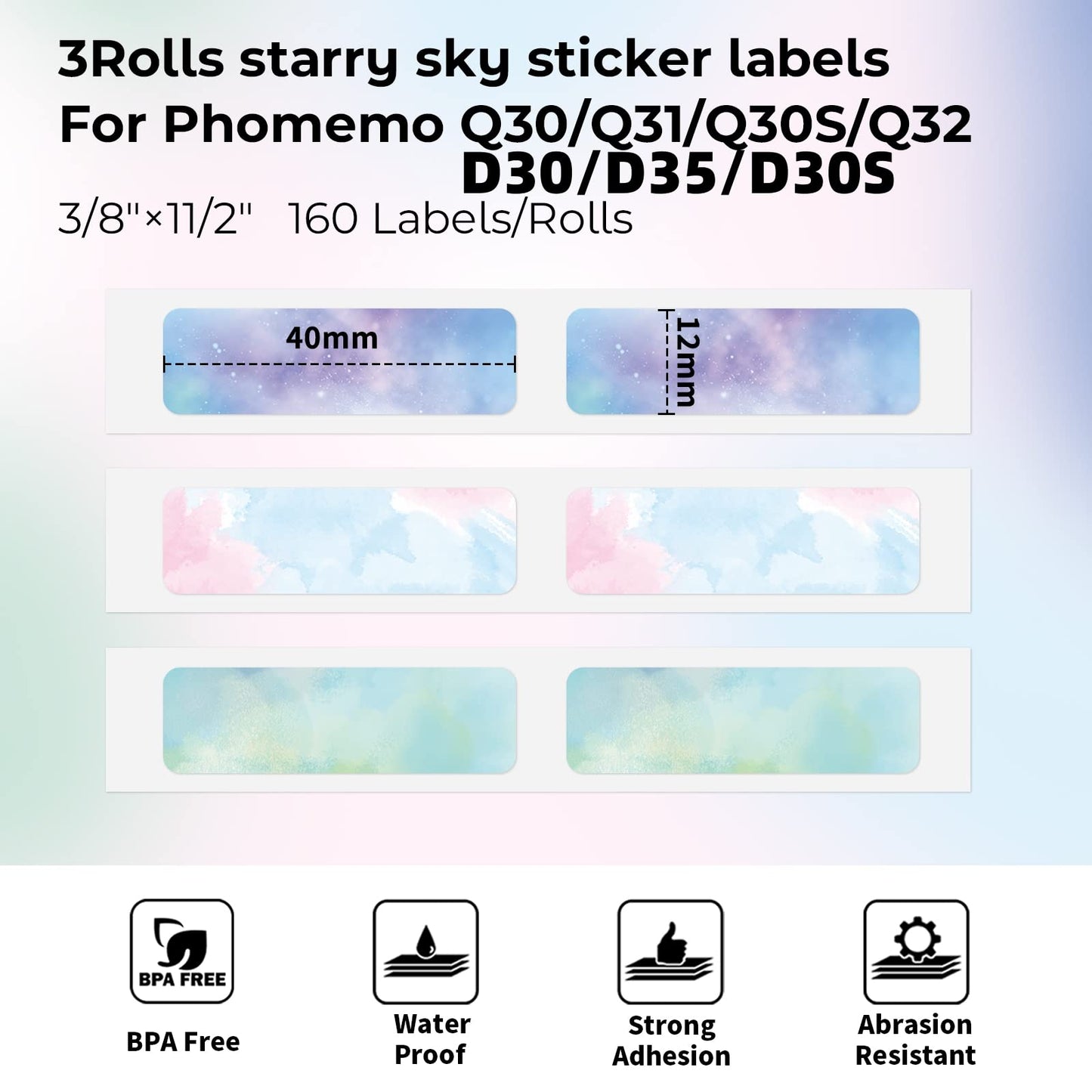 Memoqueen Q30 Q30S Q31 D30 D35 D30S Label, Starry Sky Pattern 12x40mm [ 3/8''x1 1/2''] Label Tape compatibility with Phomemo Q30/D30 Series Label Printer, Suitable for School,Home,160pcs/Roll, 3Rolls