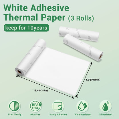 Phomemo White Self-Adhesive Thermal Paper, 4.3'' Sticker Paper for Phomemo M04S/M04AS/M832/M834/M835 Bluetooth Thermal Printer, Black on White, 107mm x 3.5m, 3 Rolls.