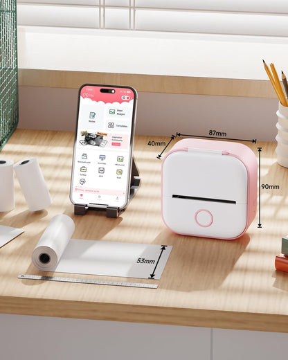Memoqueen Pocket Sticker Printer T02 Mini Pocket Thermal Printer, Wireless Bluetooth Photo Printer for DIY Journal, Notes, Memo, Photo, Mini Receipt Printer Compatible with iOS & Android, Pink