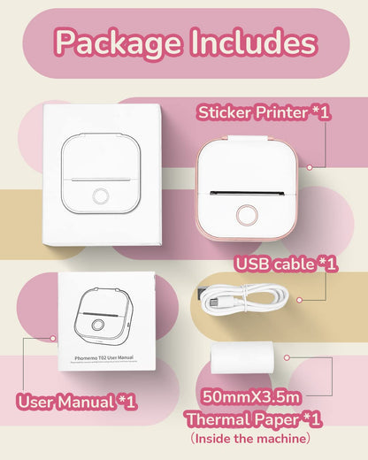 Memoqueen Mini Pocket Sticker Printer T02 Mini Pocket Thermal Printer, Wireless Bluetooth Photo Printer for DIY Journal, Note, Memo, Photo, Mini Portable Printer Compatible with iOS & Android, Pink