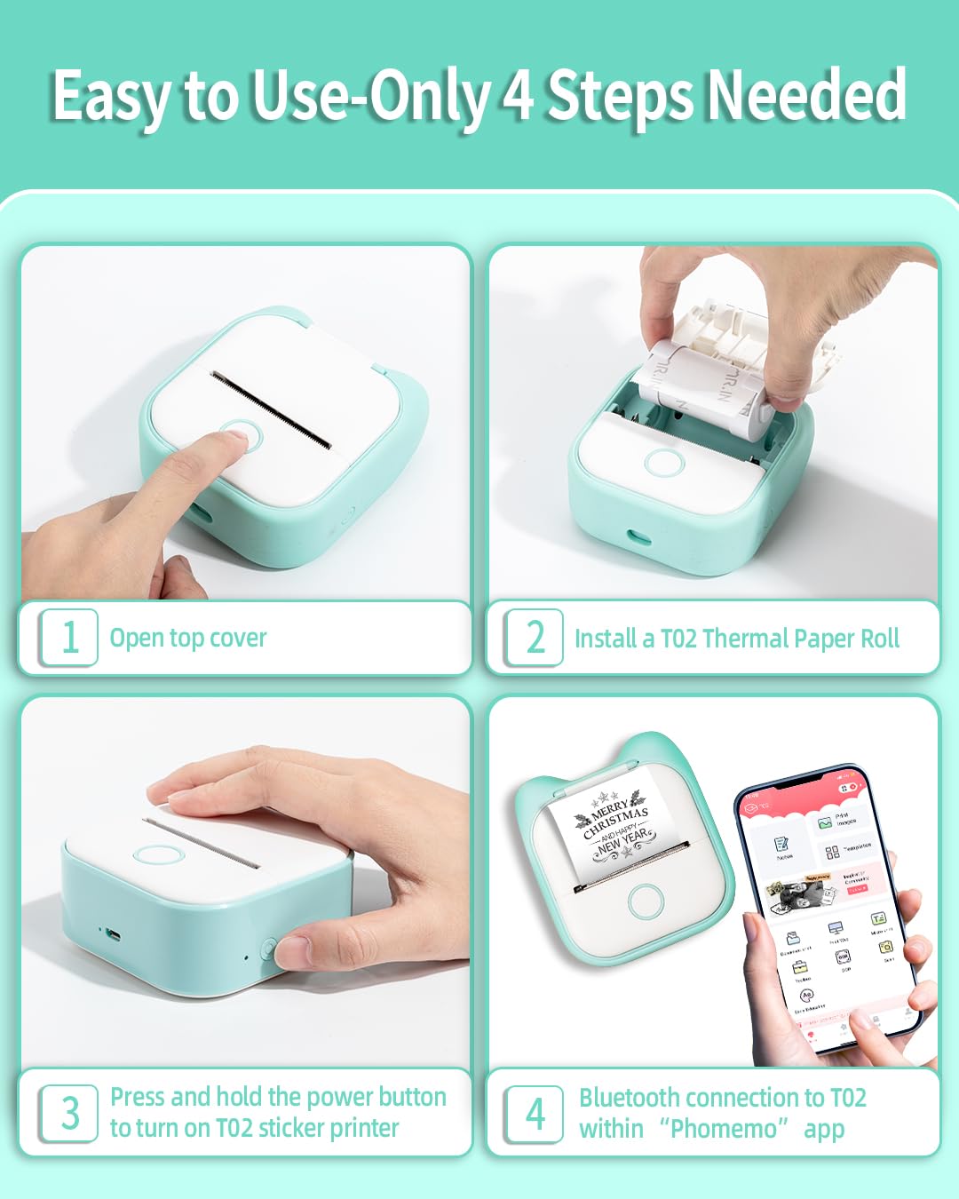 Memoqueen Mini Pocket Sticker Printer T02 Sticker Maker Machine, Thermal Photo Printer for Photos, Diaries, Memo, Study Notes, Work Plans, Wireless Receipt Printer Compatible with iOS & Android, Green
