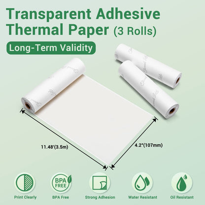 Phomemo Adhesive Transparent Thermal Paper, Clear Adhesive Thermal Sticker Paper for Phomemo M04S/M04AS Mini Bluetooth Thermal Printer, Black on Clear, 107mm x 3.5m, 3 Rolls