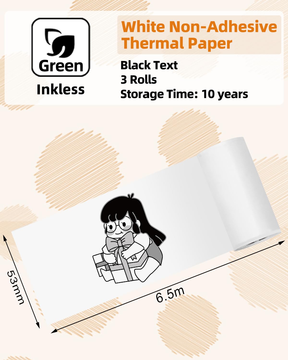 Phomemo T02 White Non-Adhesive Thermal Paper, Printer Paper for T02 Mini Printer, 53mmx6.5m, Black Text, Keep for 10 Years, Ideal for Study Notes, Plan, to-do-List, Memos, Photo Print, 3 Rolls