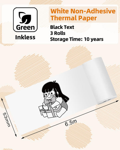 Memoqueen T02 White Non-Adhesive Thermal Paper, Non-Sticky Printer Paper for T02 Mini Printer, 2.08'' x 21.3'/Roll, Black Text, Keep for 10 Years, Compatible with T02 M02X M02L Sticker Printer, 3 Rolls