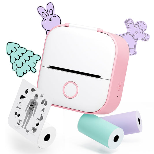 Mini Sticker Printer- Memoqueen T02 Portable Thermal Printer,Instant Photo Printer,Sticker Maker Machine with 3 Rolls Thermal Paper for Photo,Travel,Study,Office,Festival Gifts - Pink