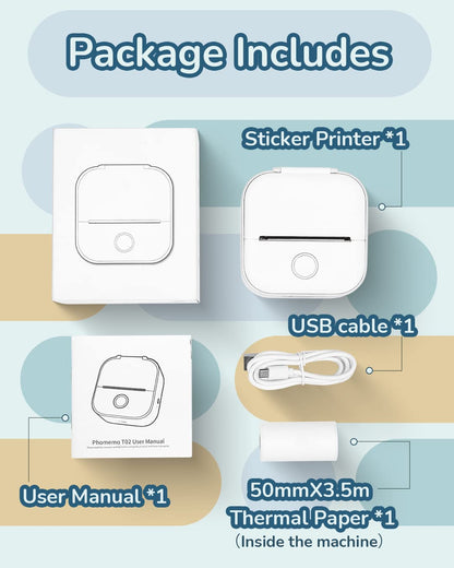 Memoqueen Pocket Printer T02 Sticker Printer-Bluetooth Thermal Photo Printer Mini Printer, Great for DIY Journal,memo, Sticker and Notes,Compatible with iOS & Android, White
