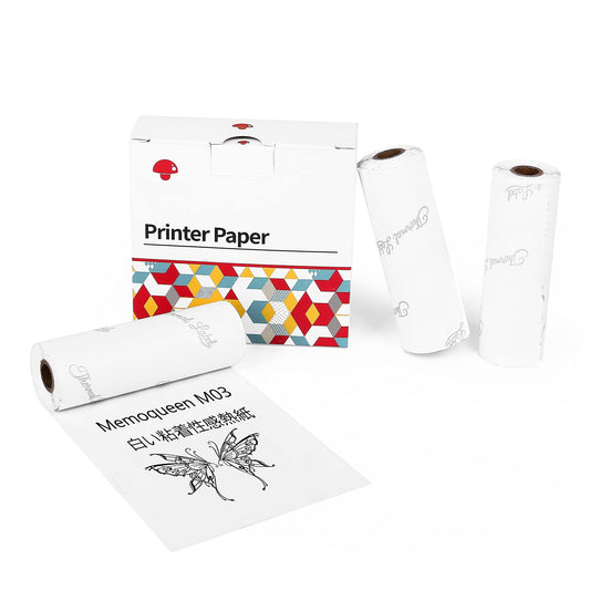 Memoqueen M03感熱紙 ロール紙 白い粘着性感熱紙の3つのロールセット M03プリンター用紙 互換 Memoqueen/Phomemo M03 M04S M04ASプリンターに対応 印刷用紙 黒文字 幅80mm 2年保存 ファイル/小さなバナー/ノート/メモ/写真用紙/ラベルに使用できます