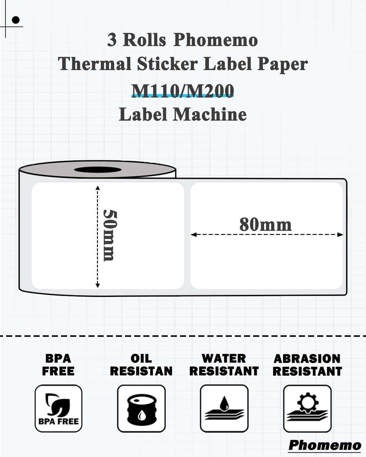 Phomemo M110 Labels Paper for M110/M120/M200/M220 Label Maker, 5080 White Adhesive Rectangle Labels, 1.97''x 3.15''(50x80mm) Thermal Sticker Label Paper for Kitchen, Office, Study, 100labels/roll