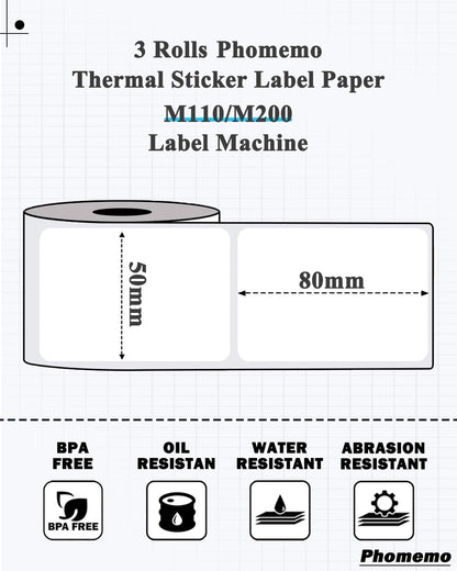 Phomemo M110 Labels Paper for M110/M120/M200/M220 Label Maker, 5080 White Adhesive Rectangle Labels, 1.97''x 3.15''(50x80mm) Thermal Sticker Label Paper for Kitchen, Office, Study, 100labels/roll