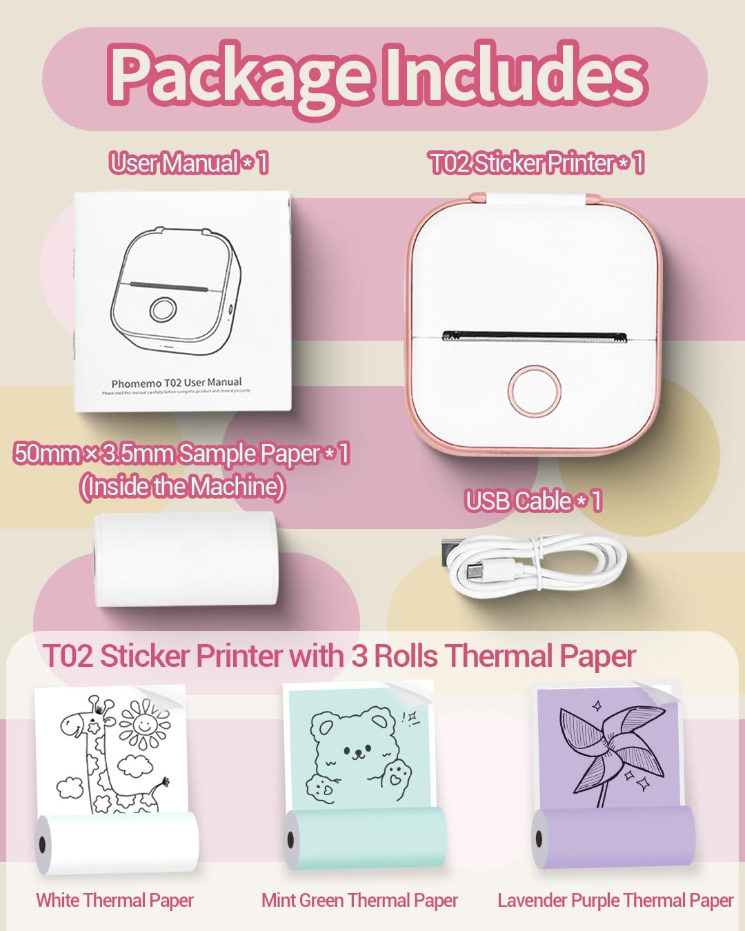 Sticker Printer - T02 Mini Thermal Printer, Portable Pocket Printer, Sticker Maker Machine with 3 Rolls Thermal Paper for Study Note, Photo, Travel, DIY Printing, Office, Festival Gifts, Pink