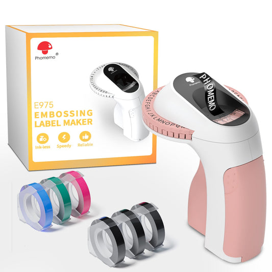Memoqueen Embossing Label Maker Machine with 6 Tapes, Manual Embossed Label Makers, Portable Vintage Label Maker 3D Plastic Label Embosser, Use for Office Home Organization and DIY- E975 Pink