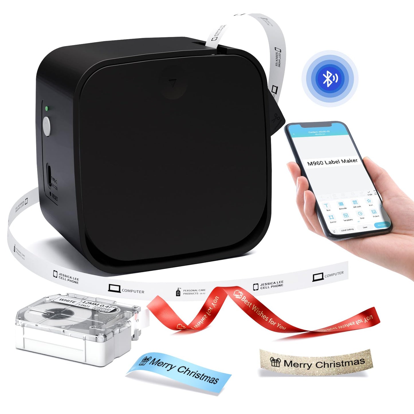 Memoqueen M960 Portable Label Maker Machine with Tape-Bluetooth Thermal Mini Label Printer for Home, Office, Home, School, Sticker Maker with Multiple Templates Font Icon, Black