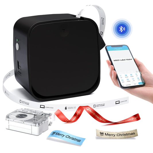 Memoqueen M960 Portable Label Maker Machine with Tape-Bluetooth Thermal Mini Label Printer for Home, Office, Home, School, Sticker Maker with Multiple Templates Font Icon, Black
