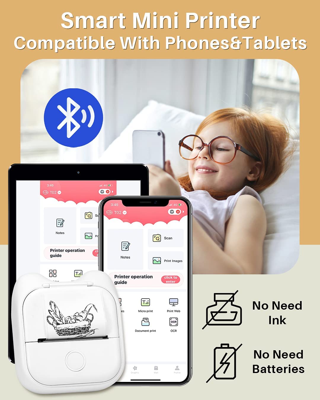 T02 Mini Printer-Memoqueen Bluetooth Thermal Printer Mobile Pocket Printer, Sticker Maker Machine Compatible with Phones & Taplates, 203dpi, Suit for Journal, Memo, To-do List, Patterns, Gift, Receipt