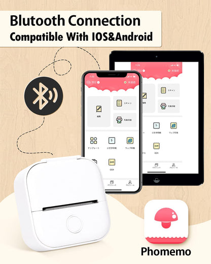 Memoqueen Pocket Printer T02 Sticker Printer-Bluetooth Thermal Photo Printer Mini Printer, Great for DIY Journal,memo, Sticker and Notes,Compatible with iOS & Android, White