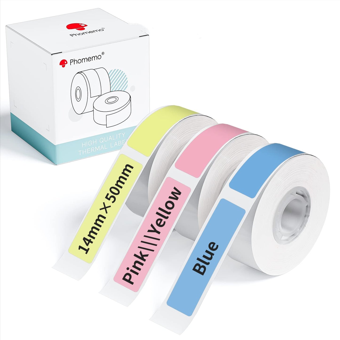 Memoqueen Q30 Q30S Q31 Q32 Labels Paper, 14x50mm [1/2''x1 7/8''], Blue/Pink/Yellow Rectangle Labels, Self-Adhesive Labels Paper Compatible with Phomemo Q30 Q30S Q31 Q32 Label Maker, 130pcs/Roll,3 Rolls
