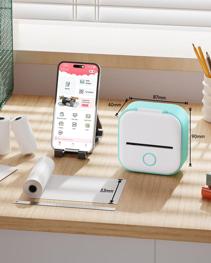 Memoqueen Mini Pocket Sticker Printer T02 Mini Sticker Printer, Mini Portable Bluetooth Thermal Printer with 3 Rolls Paper for Journal, Memo, Photo, DIY Scrapbook, Travel, Children Women Gifts, Green