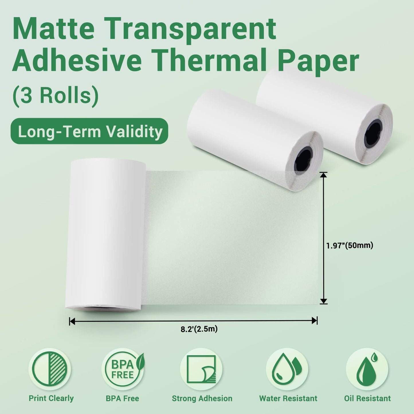 Phomemo Matte Self-Adhesive Thermal Paper, Clear Sticker Paper for T02/M02/M02 Pro/M03S/M03AS/M04S Mini Printer, Black on Matte Transparent, 3 Rolls, 50mm x 3.5m, for Photos, To-Do Lists, Scrapbooks