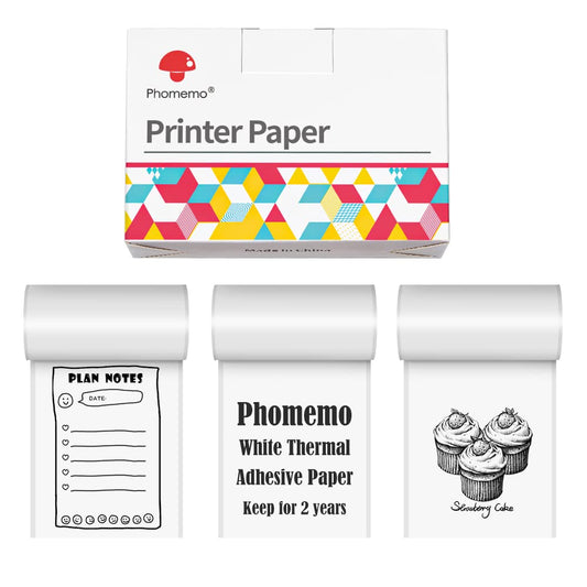 Phomemo White Self-Adhesive Thermal Paper for M02/T02/M02 Pro/M02S/M03/M03AS/M04S/M04AS Mini Sticker Printer, Black on White, 3 Rolls Paper, 50mm x 3.5m.