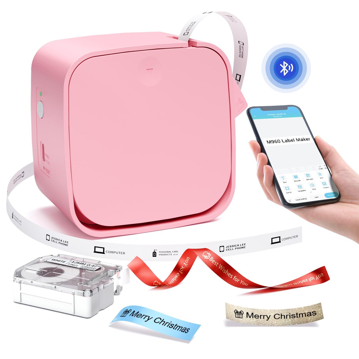 M960 Label Makers-Bluetooth Label Maker Machine with Tape, Mini Label Printer with Multiple Templates for Office,School,Home,Organization,Pink