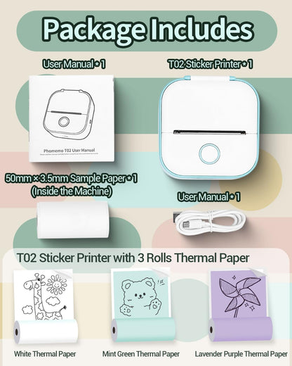 Memoqueen Mini Pocket Sticker Printer T02 Mini Sticker Printer, Mini Portable Bluetooth Thermal Printer with 3 Rolls Paper for Journal, Memo, Photo, DIY Scrapbook, Travel, Children Women Gifts, Green