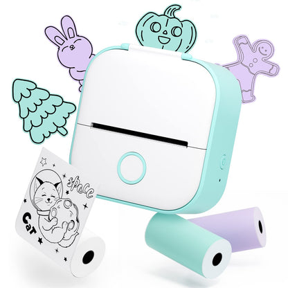 Memoqueen Mini Pocket Sticker Printer T02 Mini Sticker Printer, Mini Portable Bluetooth Thermal Printer with 3 Rolls Paper for Journal, Memo, Photo, DIY Scrapbook, Travel, Children Women Gifts, Green