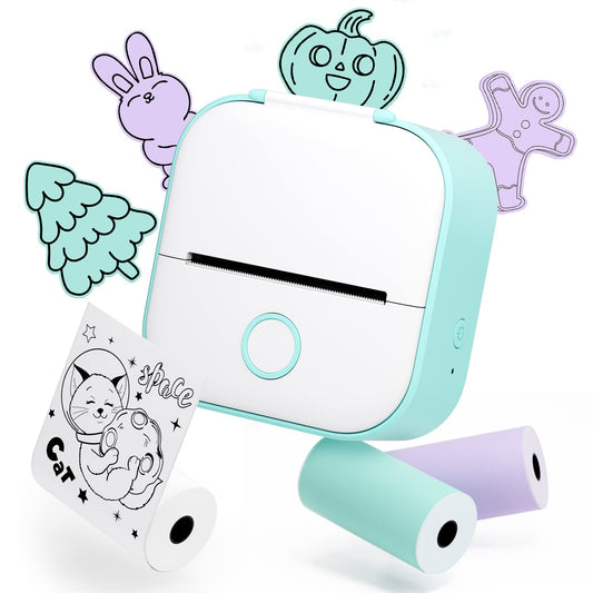 Memoqueen Mini Pocket Sticker Printer T02 Mini Sticker Printer, Mini Portable Bluetooth Thermal Printer with 3 Rolls Paper for Journal, Memo, Photo, DIY Scrapbook, Travel, Children Women Gifts, Green