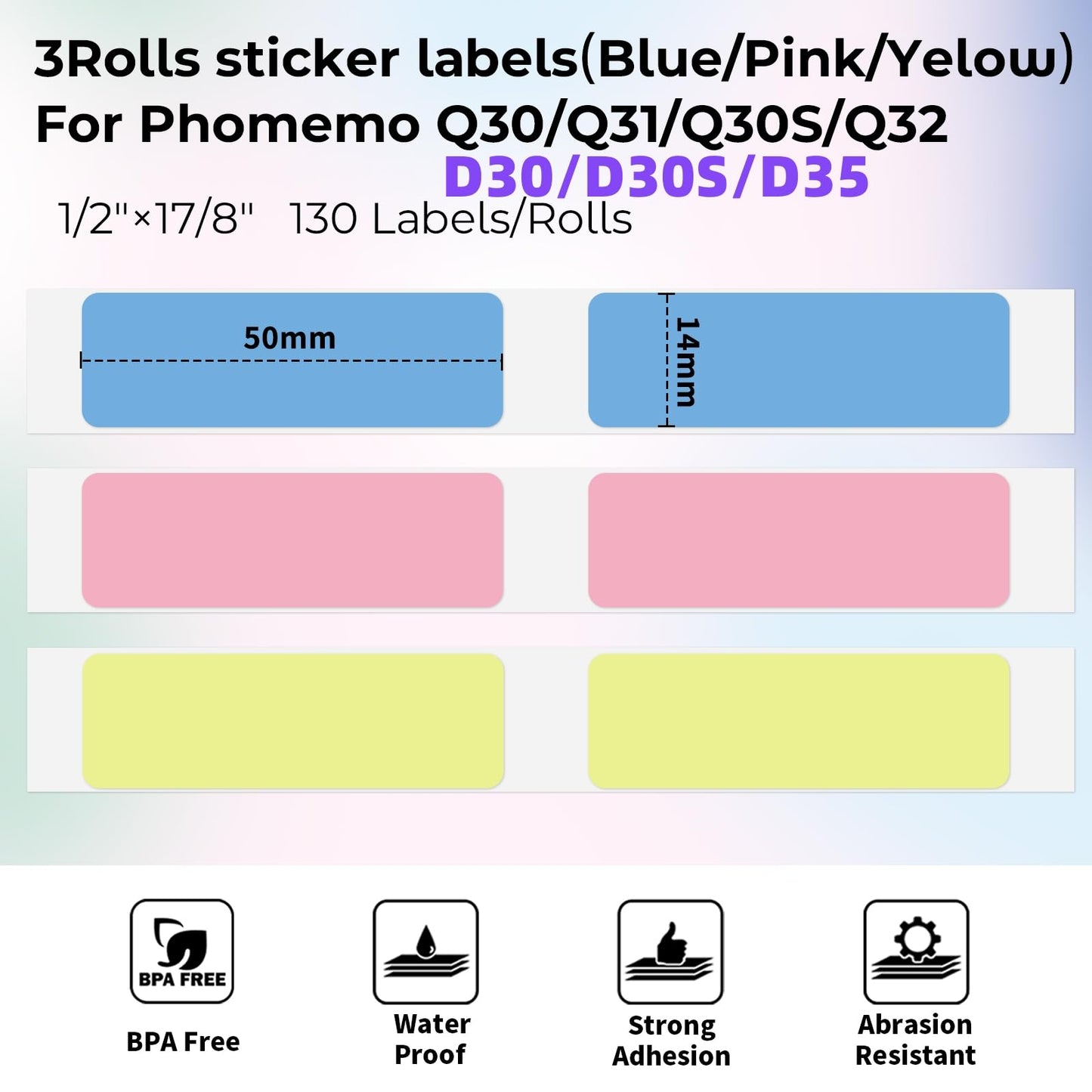 Memoqueen Q30 Q30S Q31 Q32 Labels Paper, 14x50mm [1/2''x1 7/8''], Blue/Pink/Yellow Rectangle Labels, Self-Adhesive Labels Paper Compatible with Phomemo Q30 Q30S Q31 Q32 Label Maker, 130pcs/Roll,3 Rolls