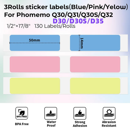 Memoqueen Q30 Q30S Q31 Q32 Labels Paper, 14x50mm [1/2''x1 7/8''], Blue/Pink/Yellow Rectangle Labels, Self-Adhesive Labels Paper Compatible with Phomemo Q30 Q30S Q31 Q32 Label Maker, 130pcs/Roll,3 Rolls