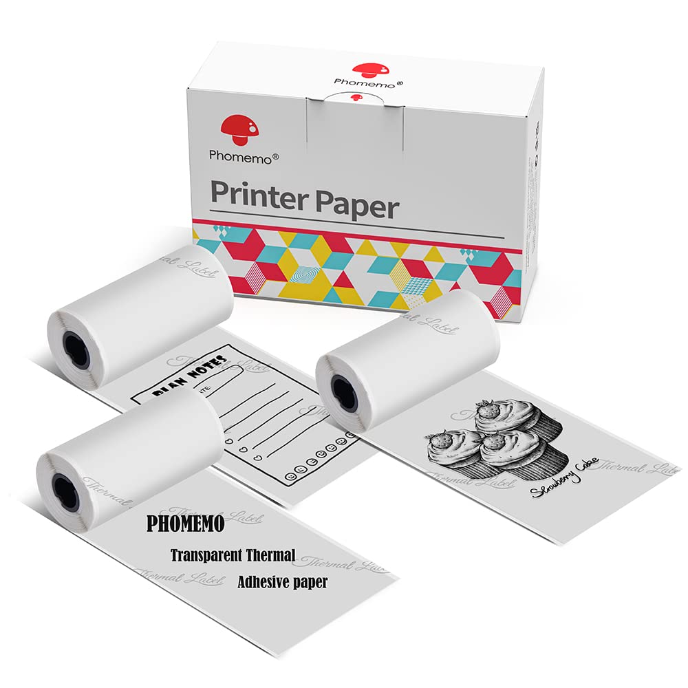 Phomemo Transparent Self-Adhesive Thermal Paper, Clear Sticker Paper for T02/M02/M02 Pro/M02S/M03/M03AS/M04S Mini Printer, Black on Clear, 3 Rolls Paper, 50mm x 3.5m, Diameter 30mm.