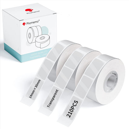 Memoqueen D30 D35 D30S Q30 Q30S Q31 Q32 Label, 14x30mm [1/2''x1 1/8''] Transparent Rectangle Self-Adhesive Label Tape Compatible with Phomemo Q30/D30 Series Label Printer, 210pcs/Roll, 3 Rolls