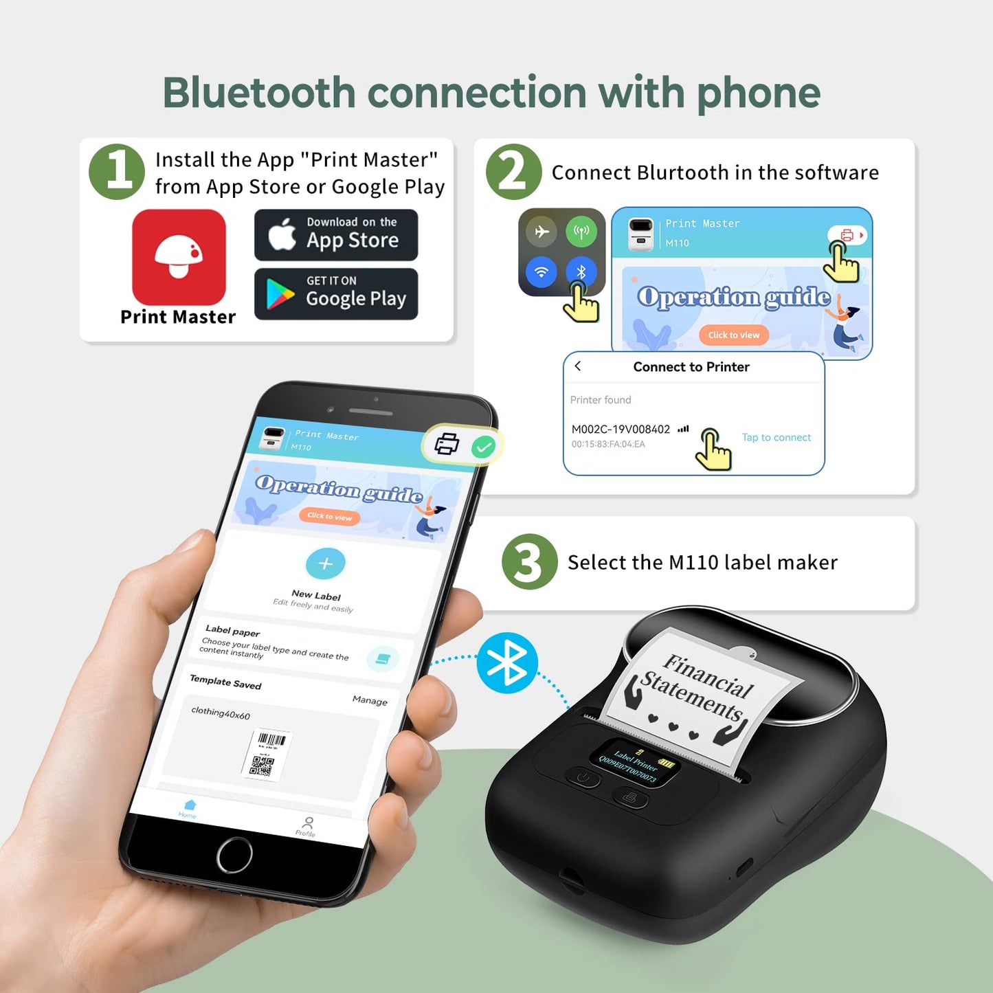 Memoqueen M110 Label Maker Portable Bluetooth Thermal Label Maker Printer Inkless Printing for Labels, Stickers, Images, QR Codes, Compatible with Android & iOS System, with 1pack 40×30mm Label, Black