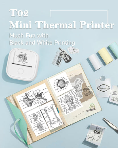 Sticker Printer with 3 Rolls Paper - Memoqueen T02 Portable Thermal Printer, Sticker Maker Machine for Study, Brithday Gift, Photos, Journal, Work, Children DIY, Compatible with Phone & Tablet, White